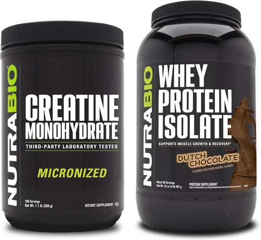 500g NutraBio Creatine Monohydrate & Whey Protein Isolate Bundle for Muscle Growth, Recovery, and Strength - Unflavored Creatine, Dutch Chocolate Protein