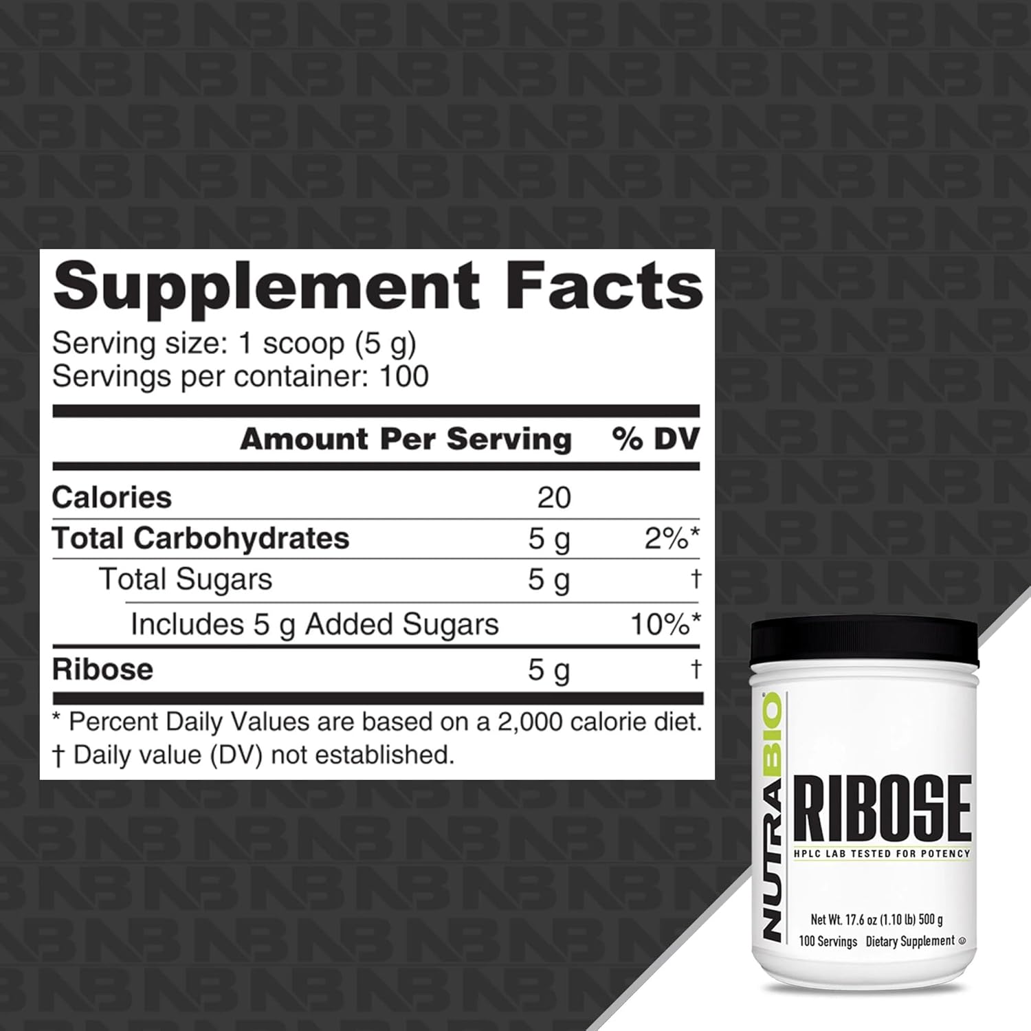 500g NutraBio D-Ribose Powder Supplement for Heart Health and Increased Energy