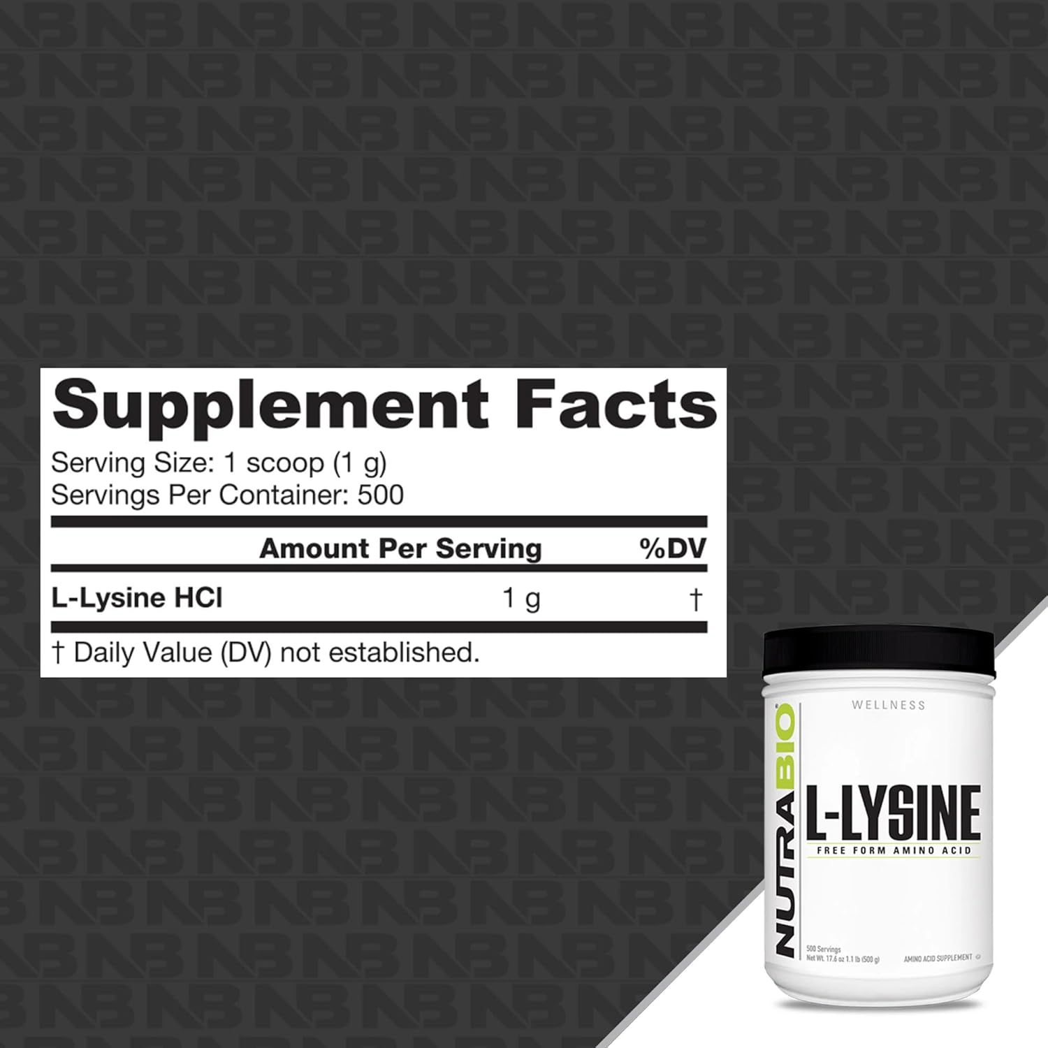 500g NutraBio L-Lysine Powder: Pure Grade Essential Amino Acid Supplement - Non-GMO, Gluten-Free, Vegan