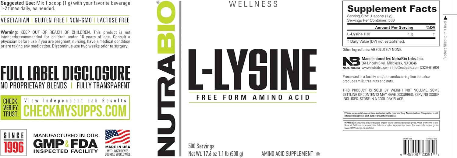 500g NutraBio L-Lysine Powder: Pure Grade Essential Amino Acid Supplement - Non-GMO, Gluten-Free, Vegan