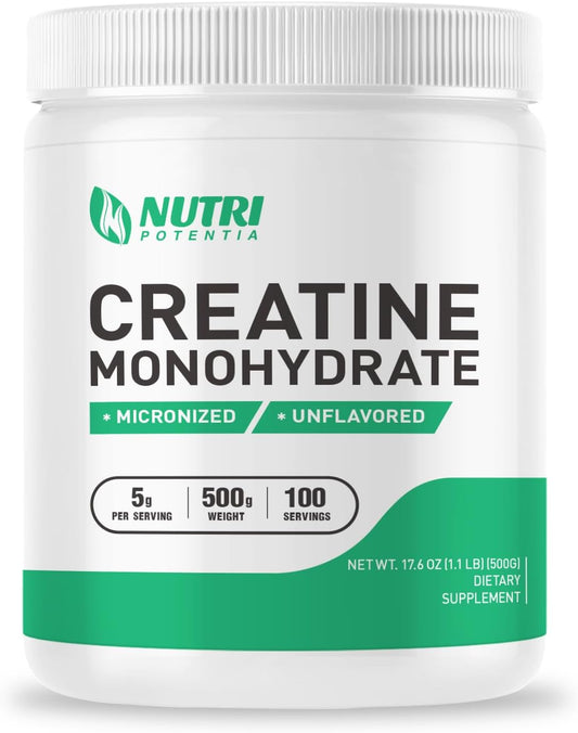 500g Nutri Potentia Pure Micronized Creatine Monohydrate Powder - Vegan Muscle Building Supplement for Men and Women, Unflavored - 100 Servings