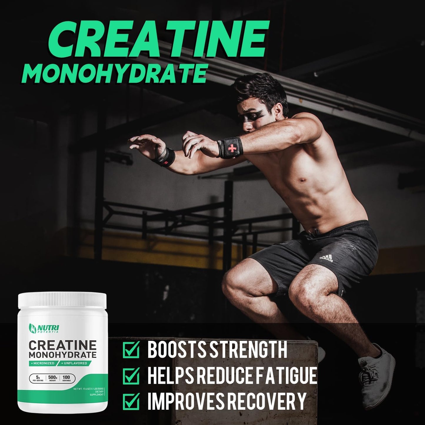 500g Nutri Potentia Pure Micronized Creatine Monohydrate Powder - Vegan Muscle Building Supplement for Men and Women, Unflavored - 100 Servings