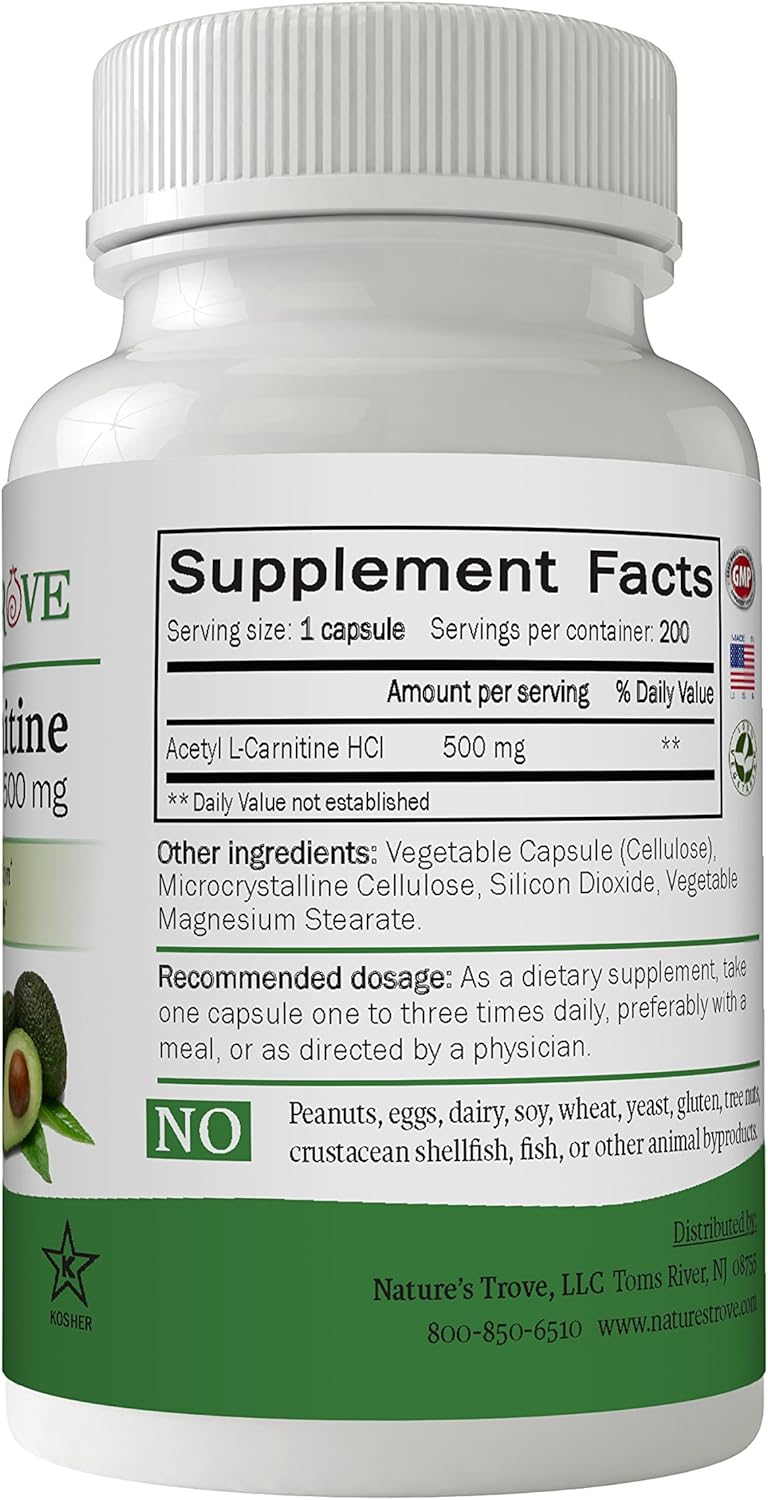 500mg Acetyl L-Carnitine (ALCAR) by Nature's Trove - 200 Vegetarian Capsules