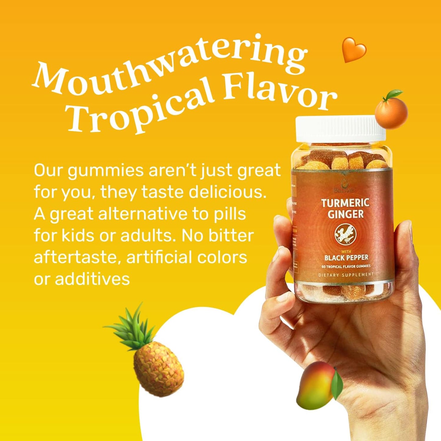 500mg BeLive Turmeric Curcumin Supplement with Black Pepper & Ginger for Immune Support, Healthy Skin, Joint Health - Tropical Flavor - 60 Count