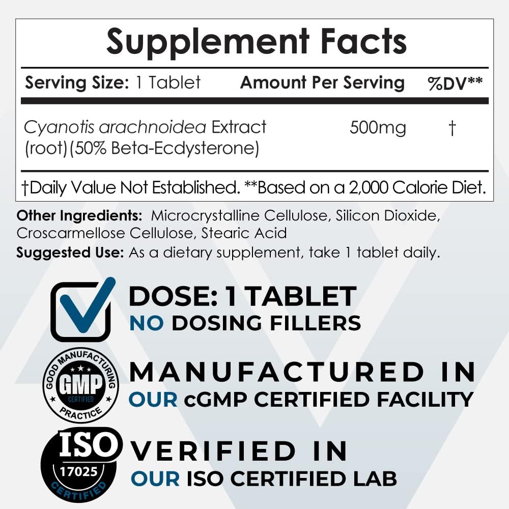 500mg Beta Ecdysterone/20-Hydroxyecdysone Tablets | Cyanotis Arachnoidea Extract | Phytoecdysteroid | 90 Count