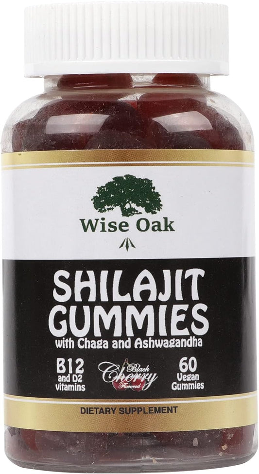 500mg Black Cherry Flavored Shilajit Gummies with Chaga, Ashwagandha, B12, D2 Vitamins - Vegan Ayurvedic Supplement with Humic Fulvic Acid & Trace Minerals from Himalaya