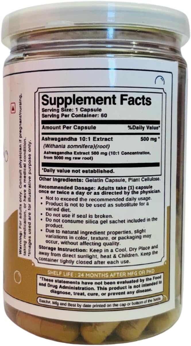 500mg Bloofah Ashwagandha Capsules - Pure Herbal Supplement (60 Count)