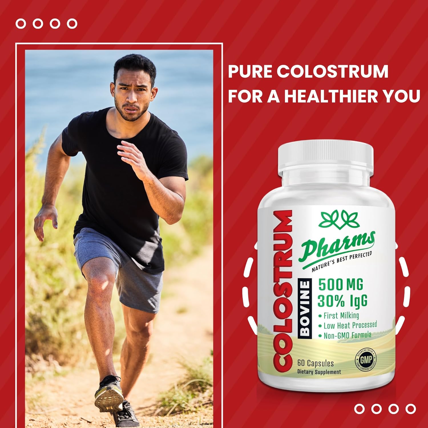 500mg Bovine Colostrum Capsules - 30% IgG, First Milking, Low Heat Processed, Non-GMO - 60 Count