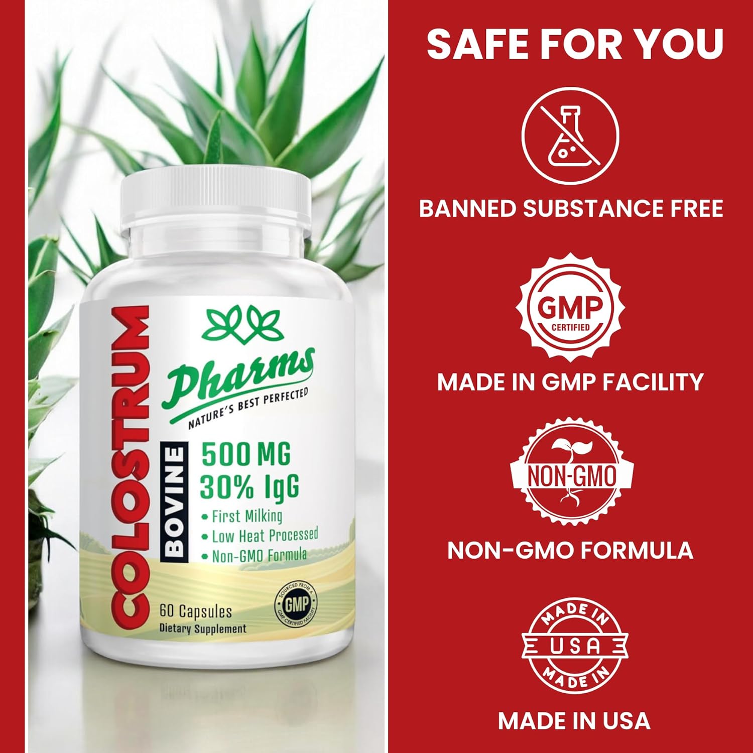 500mg Bovine Colostrum Capsules - 30% IgG, First Milking, Low Heat Processed, Non-GMO - 60 Count