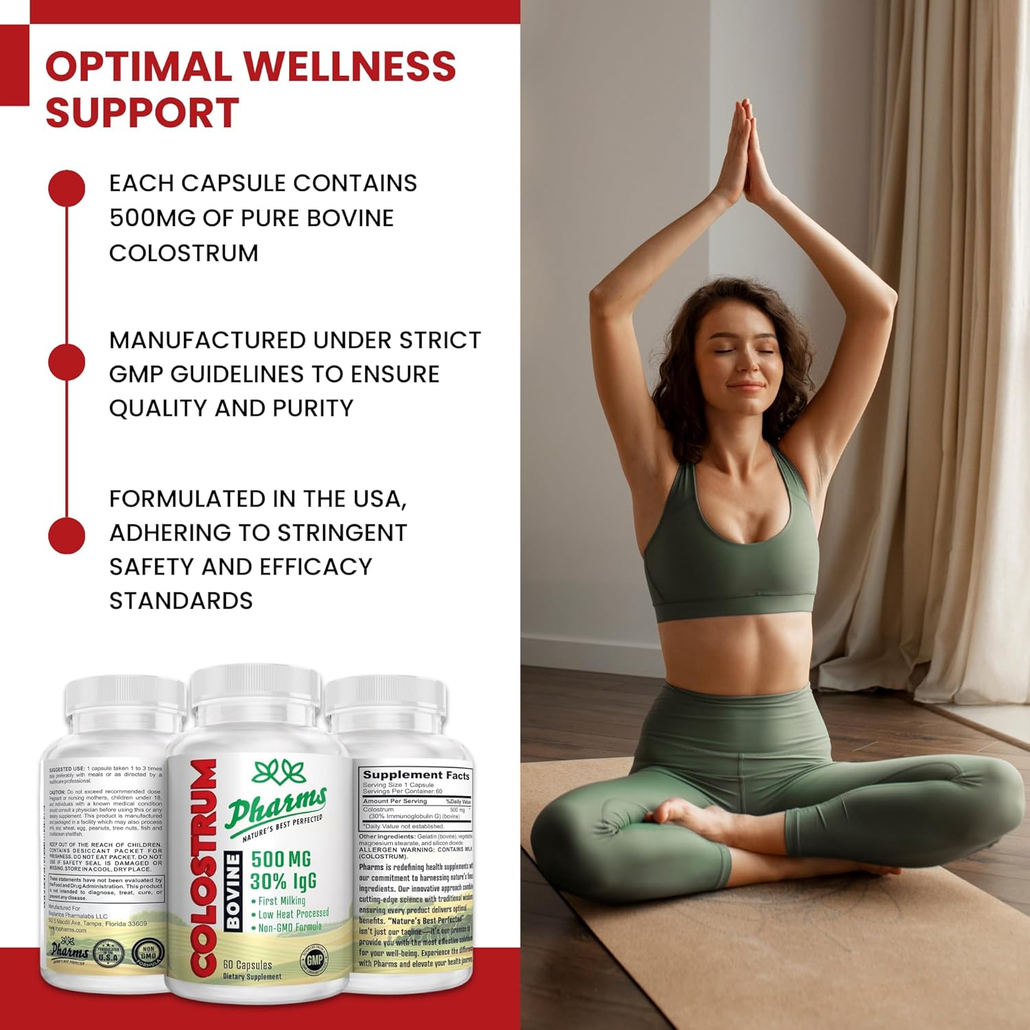 500mg Bovine Colostrum Capsules - 30% IgG, First Milking, Low Heat Processed, Non-GMO - 60 Count