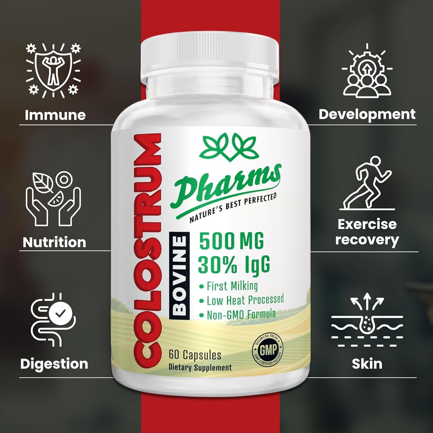 500mg Bovine Colostrum Capsules - 30% IgG, First Milking, Low Heat Processed, Non-GMO - 60 Count