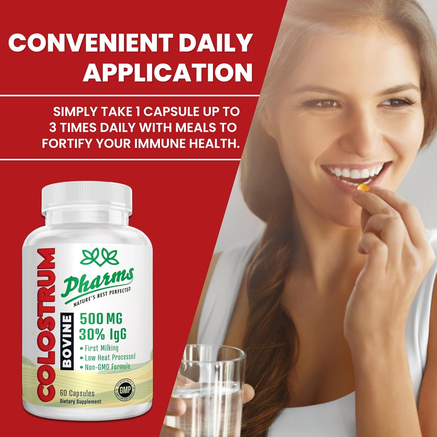 500mg Bovine Colostrum Capsules - 30% IgG, First Milking, Low Heat Processed, Non-GMO - 60 Count