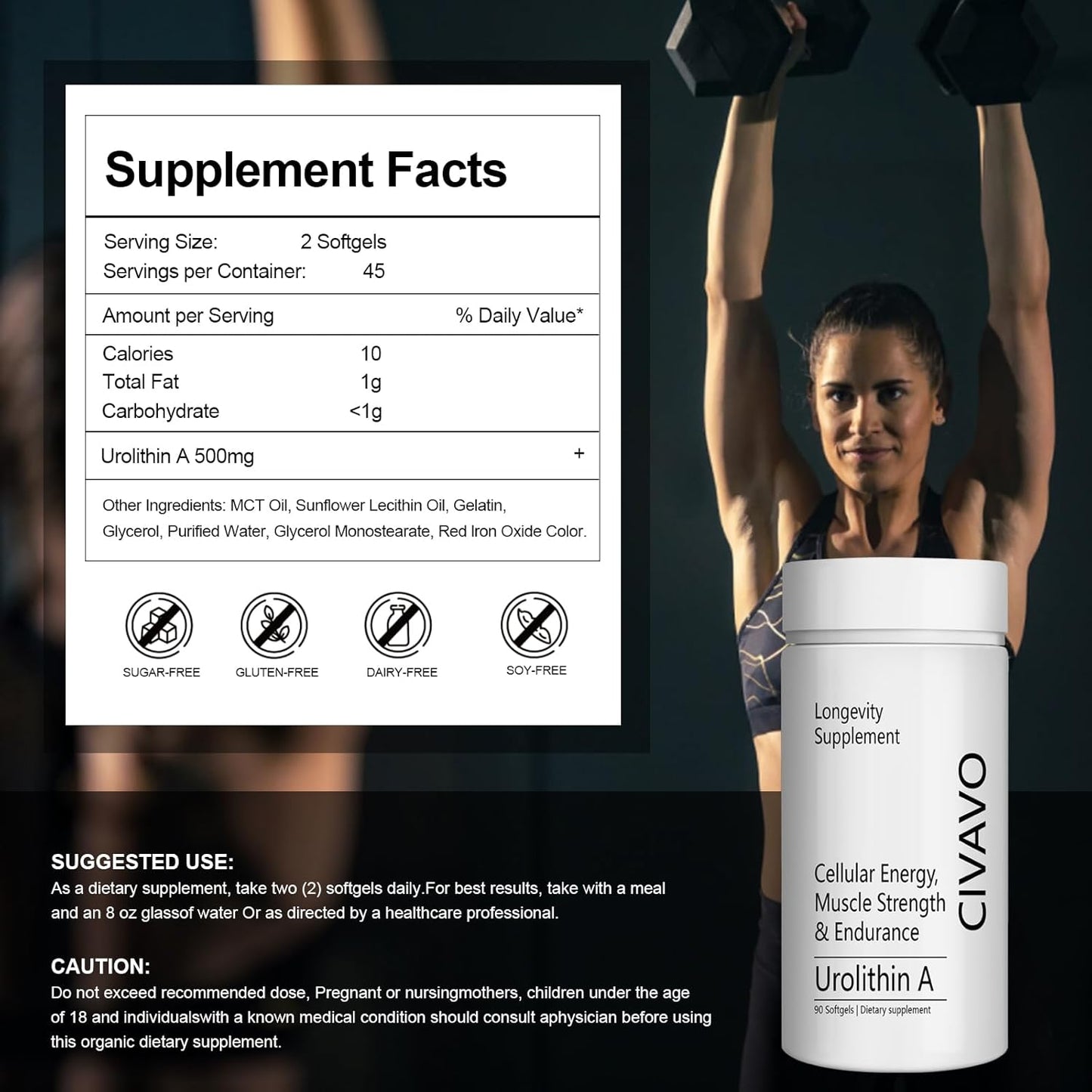 500mg Civavo Urolithin A Softgels for Muscle Strength & Endurance - 90 Count Pack - Boosts Mitochondrial Health & Energy - Clinically Proven Formula