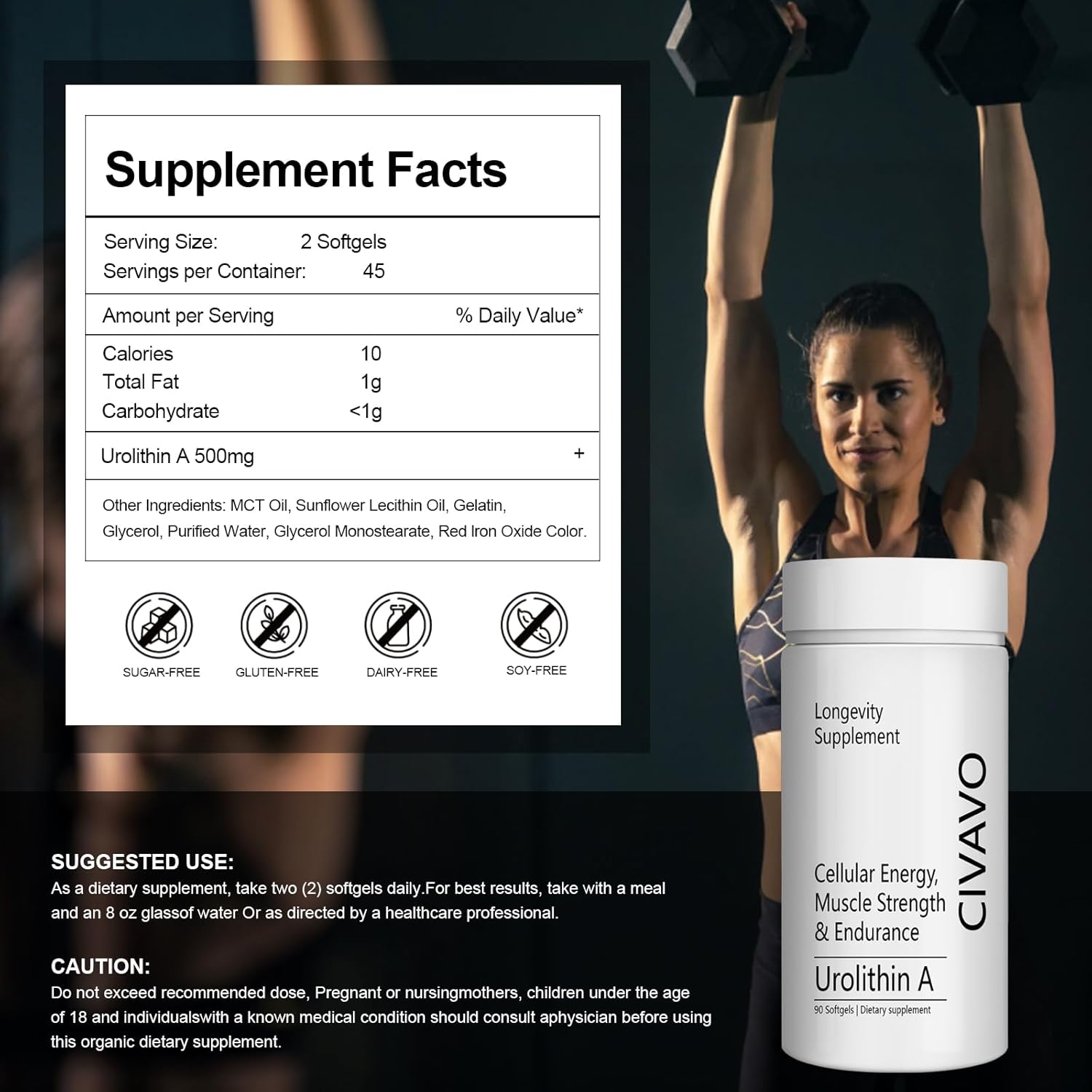 500mg Civavo Urolithin A Softgels for Muscle Strength & Endurance - 90 Count Pack - Boosts Mitochondrial Health & Energy - Clinically Proven Formula