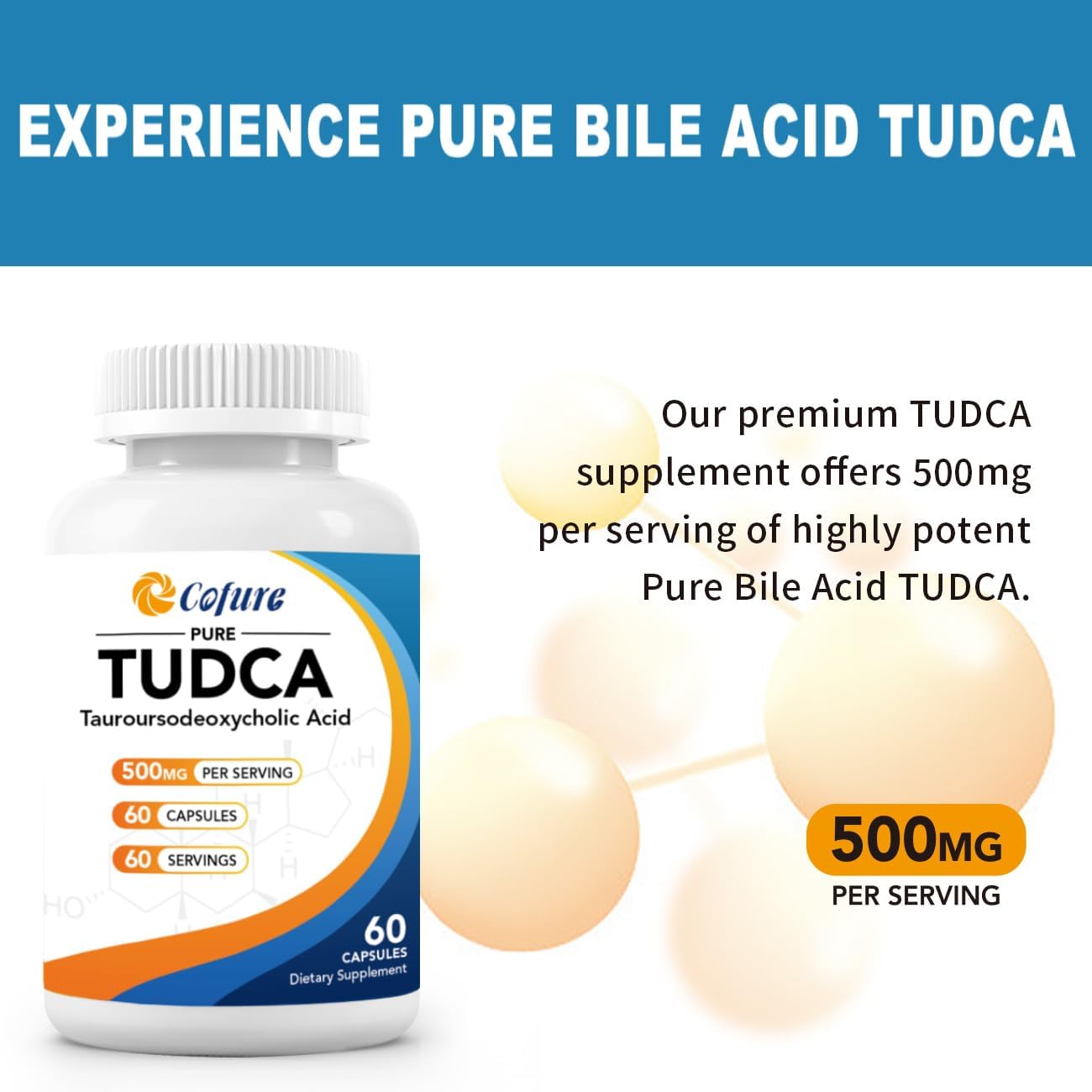 500mg Cofure TUDCA Supplement for Liver & Gallbladder Support - Pure Bile Salts, Bitter Taste, Gluten Free, Non GMO - 60 Capsules