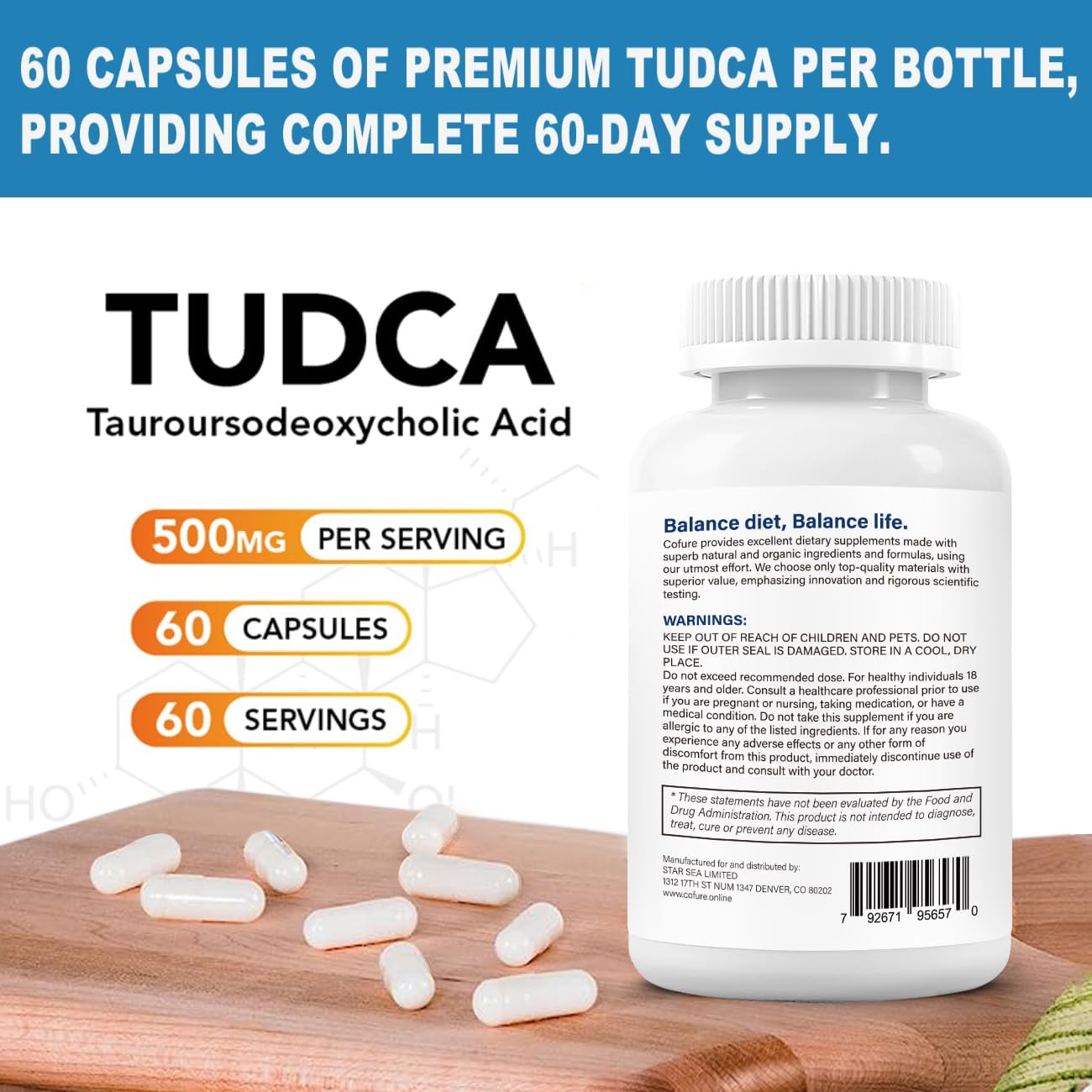 500mg Cofure TUDCA Supplement for Liver & Gallbladder Support - Pure Bile Salts, Bitter Taste, Gluten Free, Non GMO - 60 Capsules