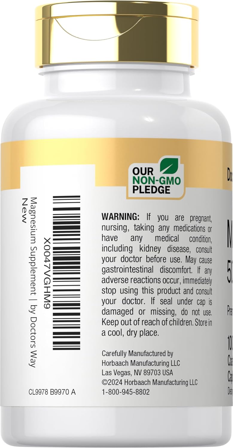 500mg Doctor's Way Magnesium Supplement Caplets | 100 Coated Capsules | Magnesium Oxide | Vegetarian & Non-GMO | Gluten-Free