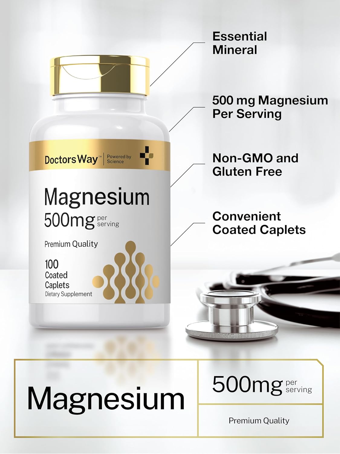 500mg Doctor's Way Magnesium Supplement Caplets | 100 Coated Capsules | Magnesium Oxide | Vegetarian & Non-GMO | Gluten-Free