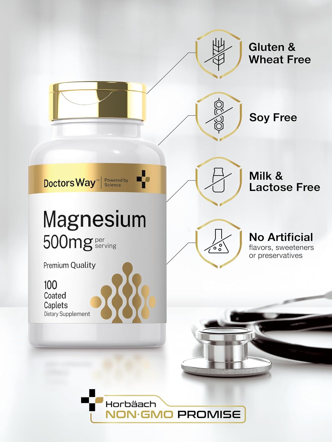 500mg Doctor's Way Magnesium Supplement Caplets | 100 Coated Capsules | Magnesium Oxide | Vegetarian & Non-GMO | Gluten-Free