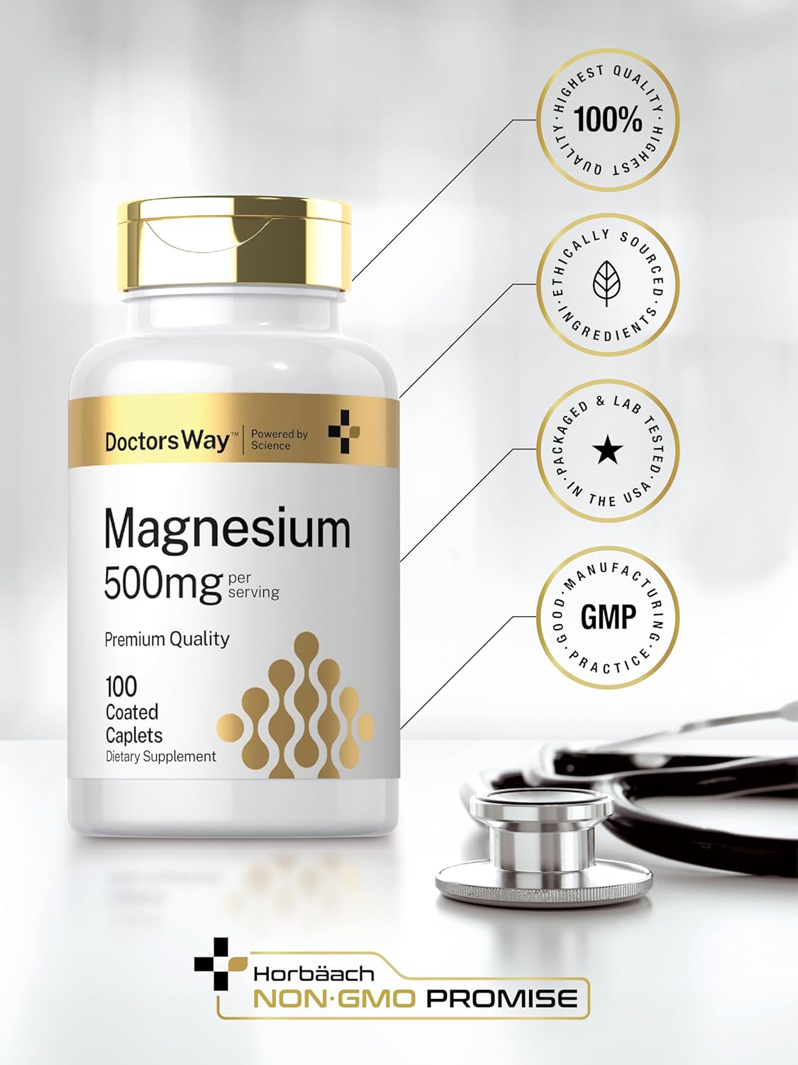 500mg Doctor's Way Magnesium Supplement Caplets | 100 Coated Capsules | Magnesium Oxide | Vegetarian & Non-GMO | Gluten-Free