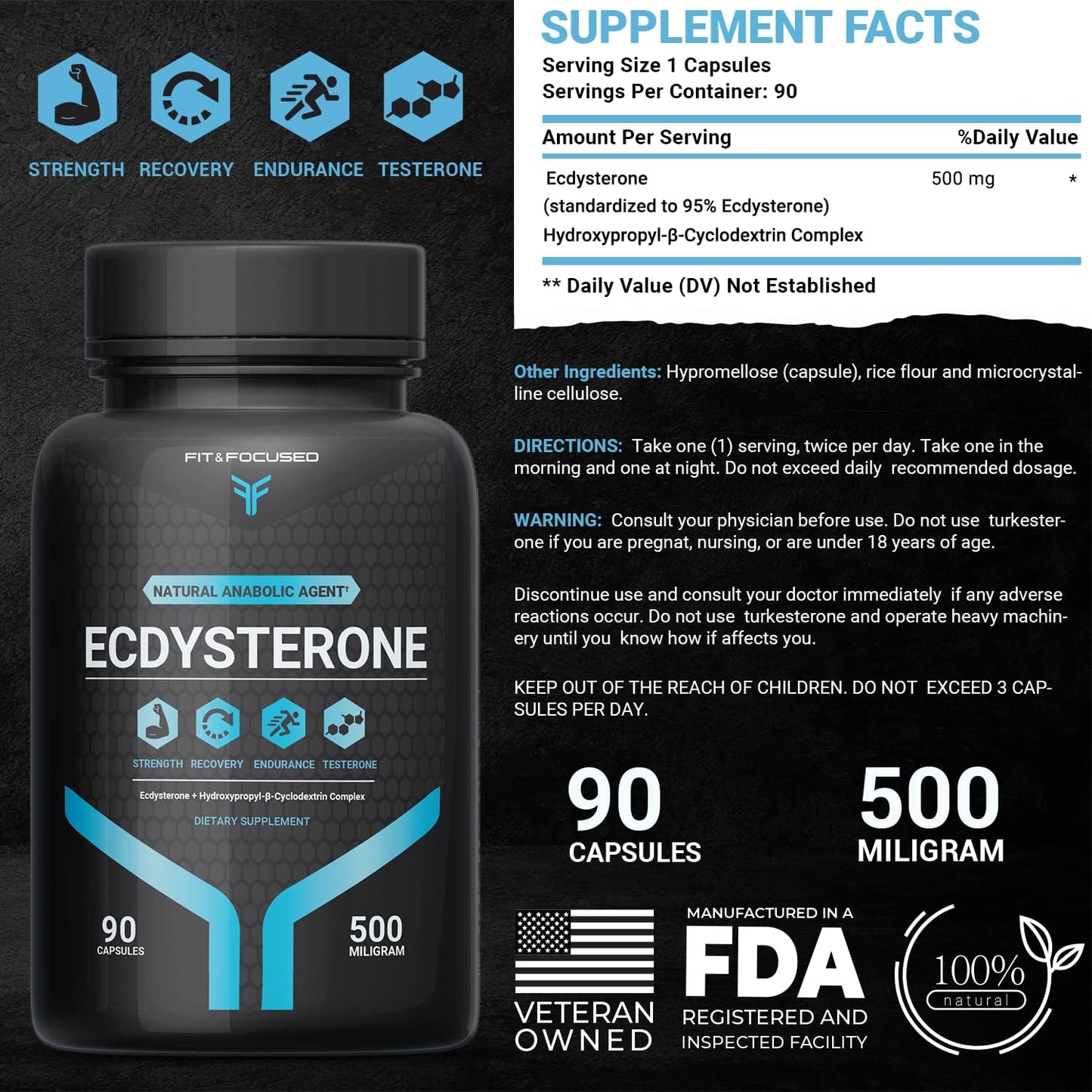 500mg Ecdysterone Supplement for Lean Muscle Growth & Strength, 90 Capsules, Natural Anabolic Agent with Hydroxypropyl βeta Cyclodextrin, 95% Pure & 3rd Party Tested