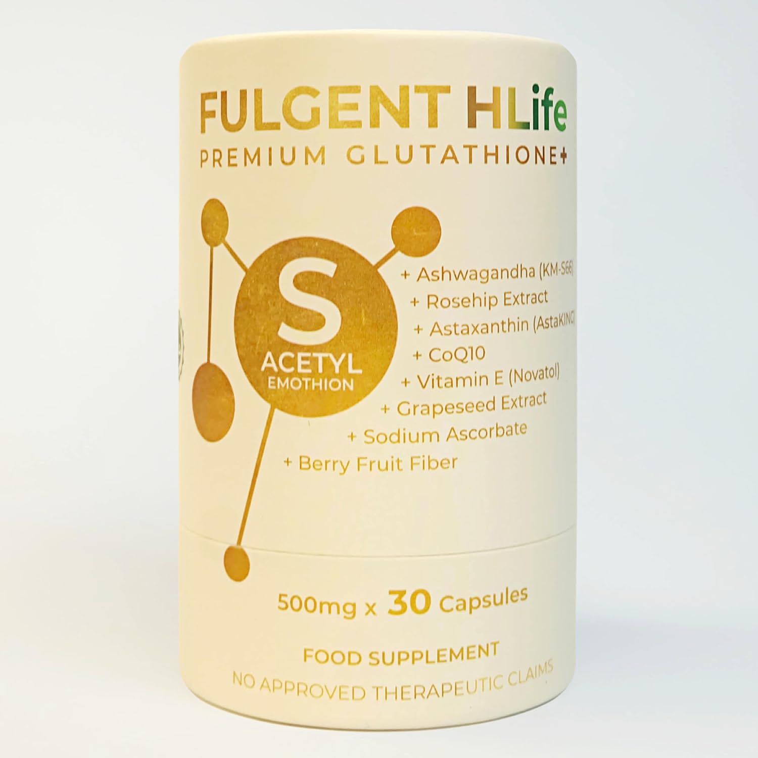 500mg Fulgent Wellness S-Acetyl Glutathione Antioxidant Supplement with Ashwagandha, Astaxanthin, Coenzyme Q10 - 30 Capsules