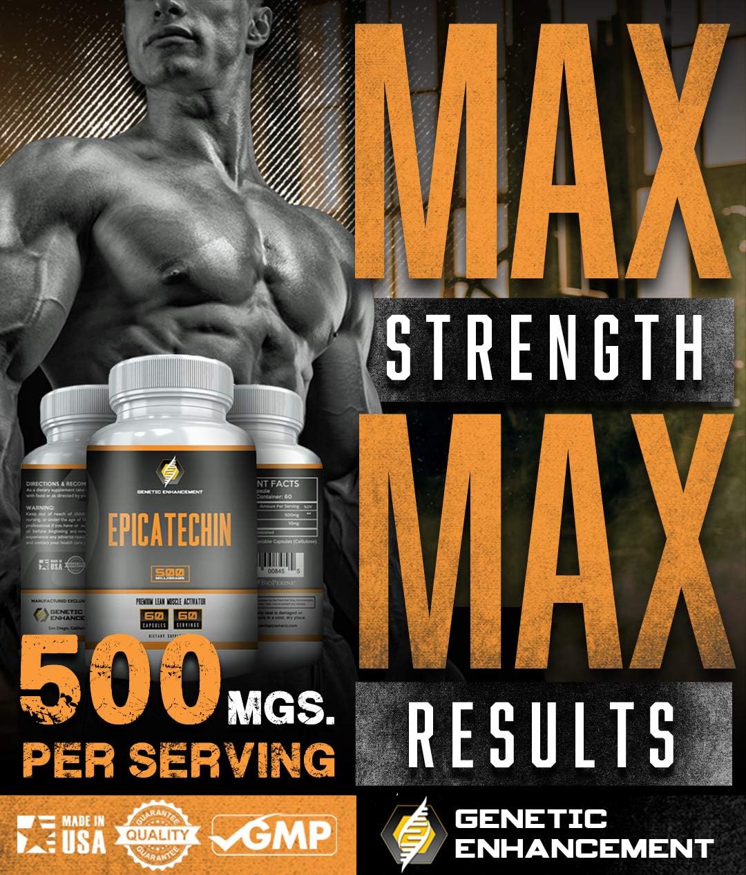 500mg Genetic Enhancement Epicatechin Supplement - 60 Servings for Lean Muscle & Strength - Max Strength Formula for Protein Synthesis - Men & Women