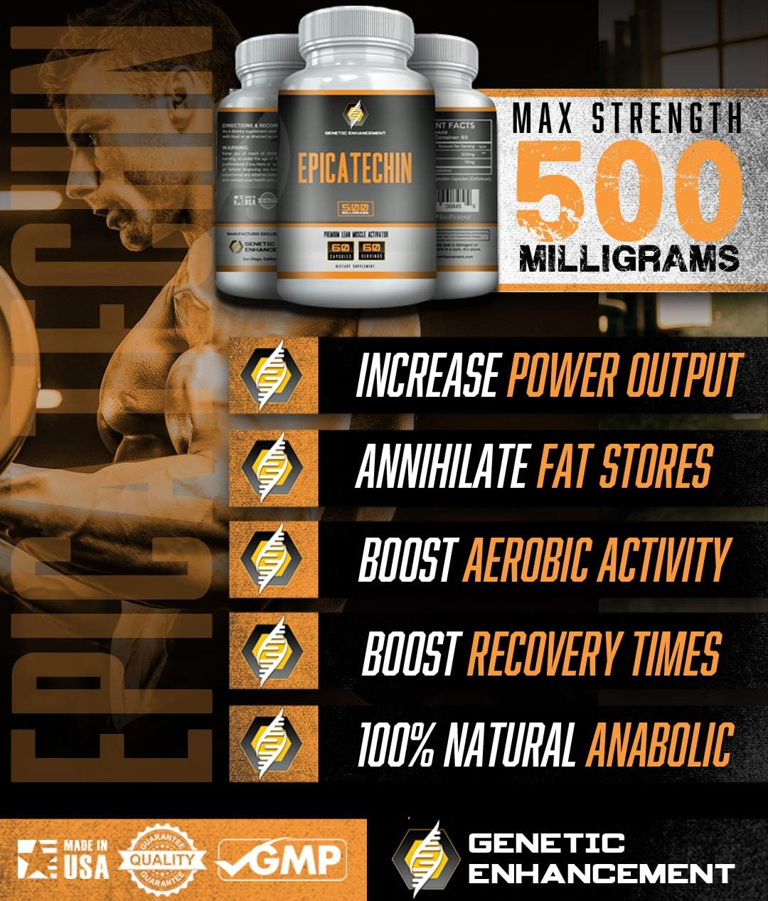 500mg Genetic Enhancement Epicatechin Supplement - 60 Servings for Lean Muscle & Strength - Max Strength Formula for Protein Synthesis - Men & Women