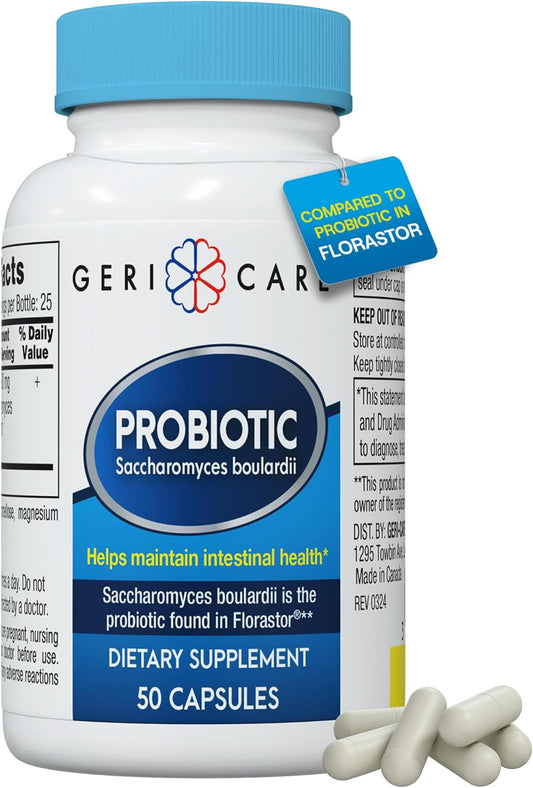 500mg GeriCare S. Boulardii Probiotic Capsules - Digestive Health Probiotics for Men & Women - Compare to Florastor - 50 Caps
