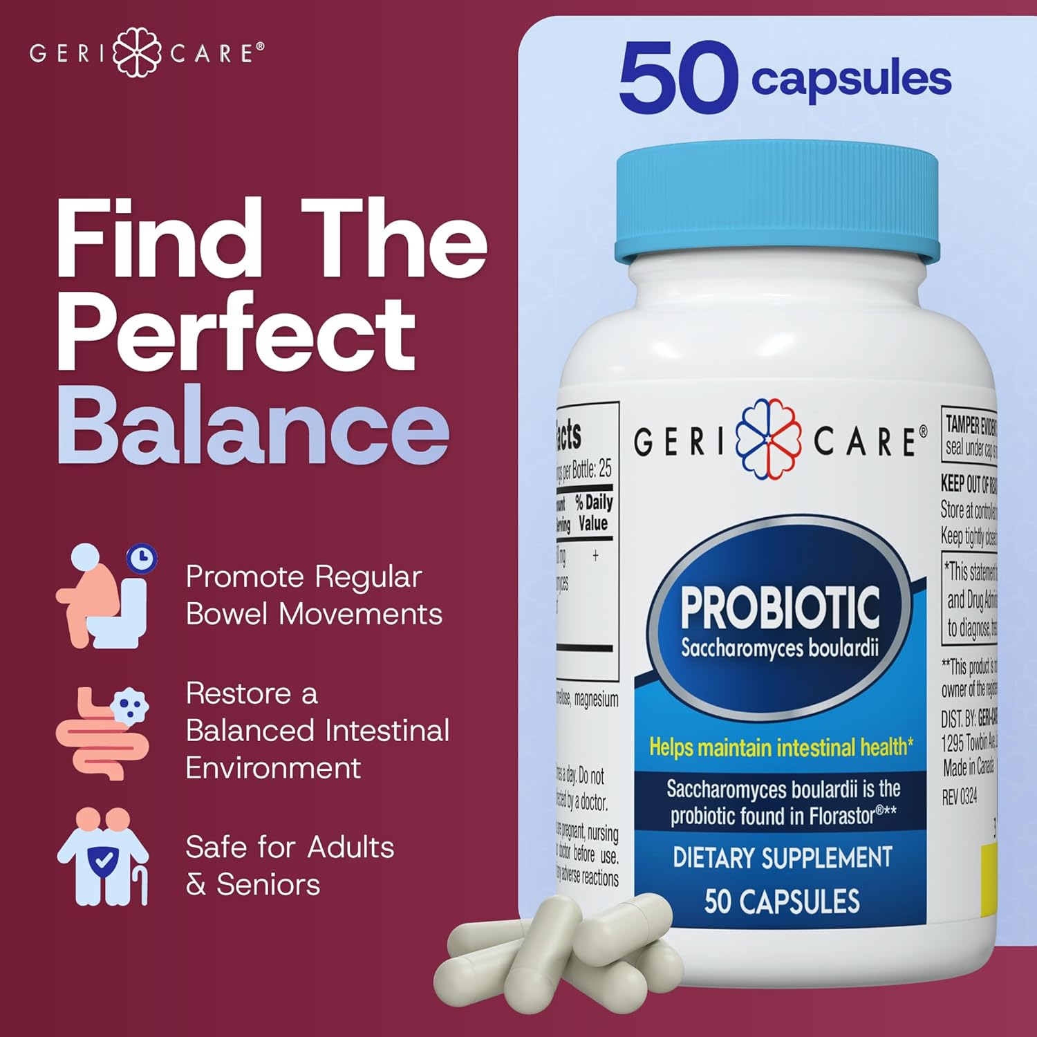 500mg GeriCare S. Boulardii Probiotic Capsules - Digestive Health Probiotics for Men & Women - Compare to Florastor - 50 Caps