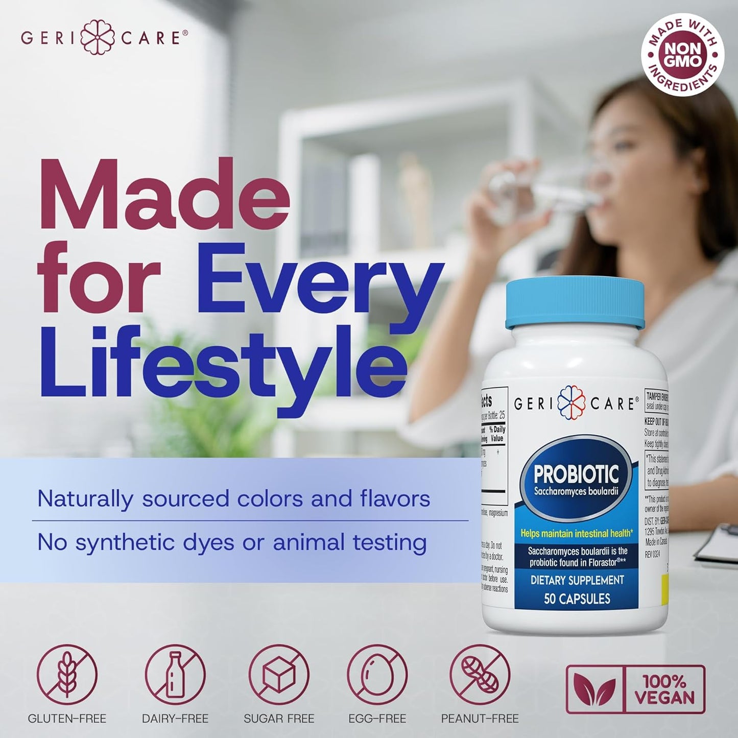 500mg GeriCare S. Boulardii Probiotic Capsules - Digestive Health Probiotics for Men & Women - Compare to Florastor - 50 Caps