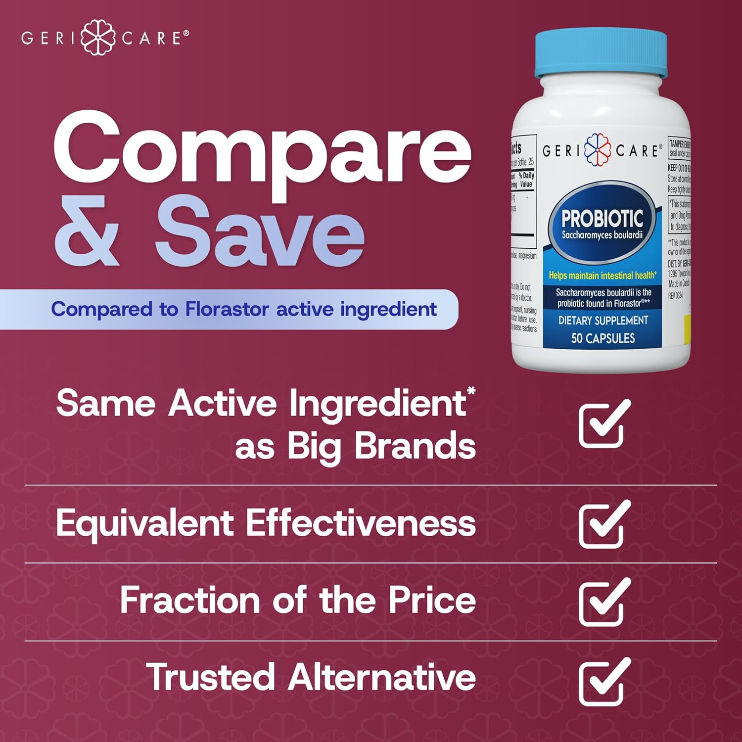 500mg GeriCare S. Boulardii Probiotic Capsules - Digestive Health Probiotics for Men & Women - Compare to Florastor - 50 Caps