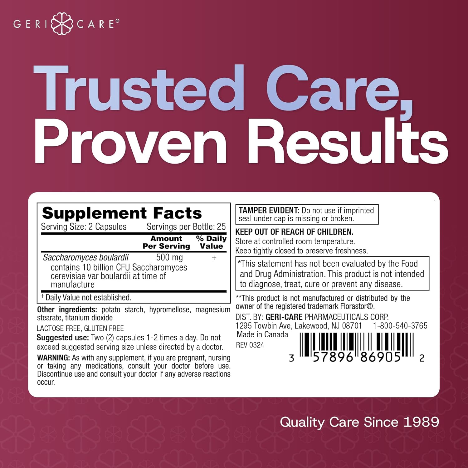 500mg GeriCare S. Boulardii Probiotic Capsules - Digestive Health Probiotics for Men & Women - Compare to Florastor - 50 Caps