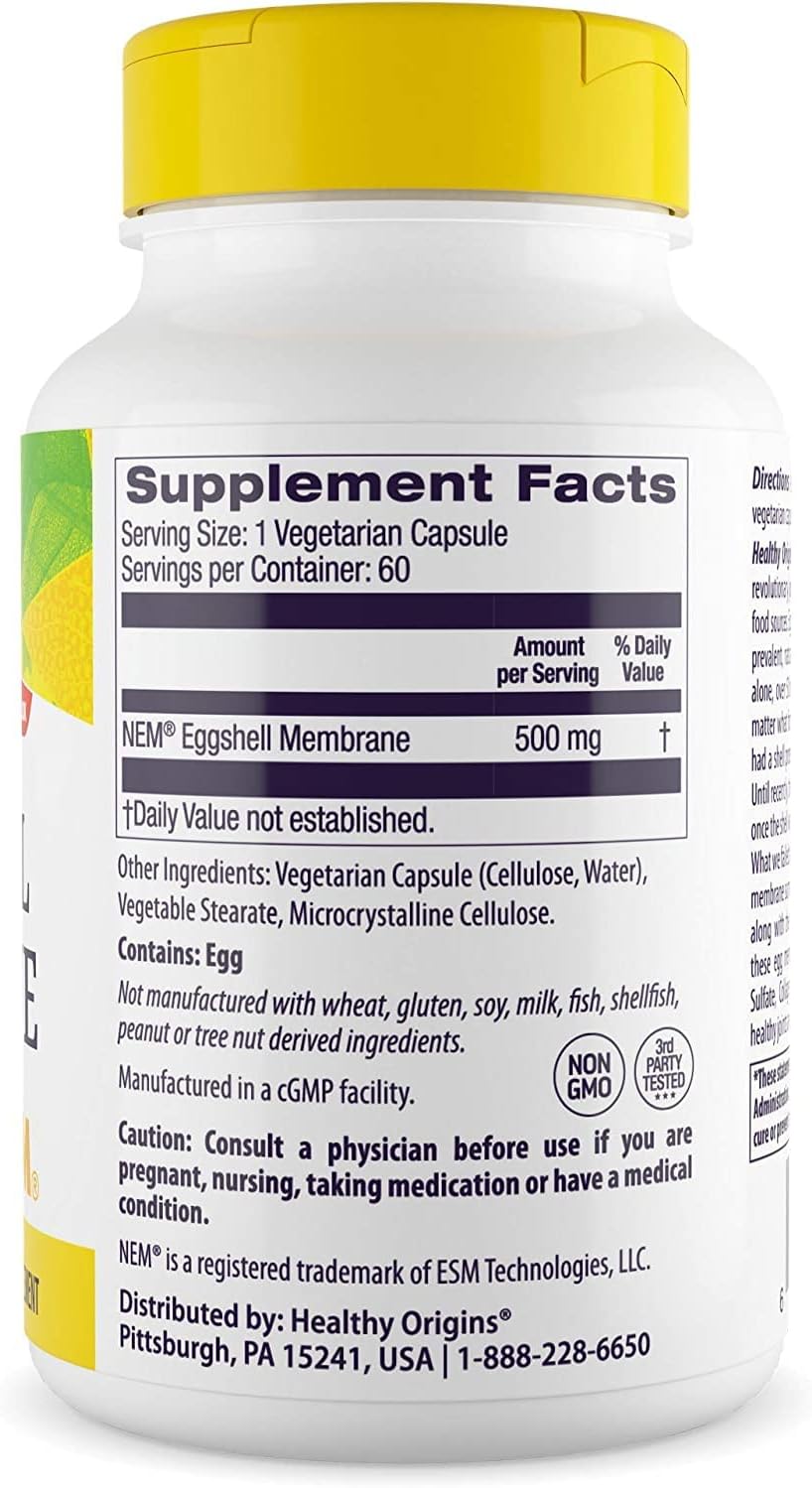 500mg Healthy Origins Eggshell Membrane (NEM) - Natural Collagen & Joint Support - Gluten-Free Veggie Capsules (60 Count)