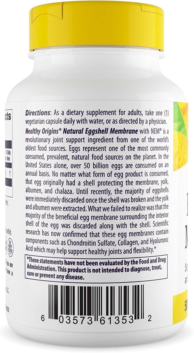 500mg Healthy Origins Eggshell Membrane (NEM) - Natural Collagen & Joint Support - Gluten-Free Veggie Capsules (60 Count)