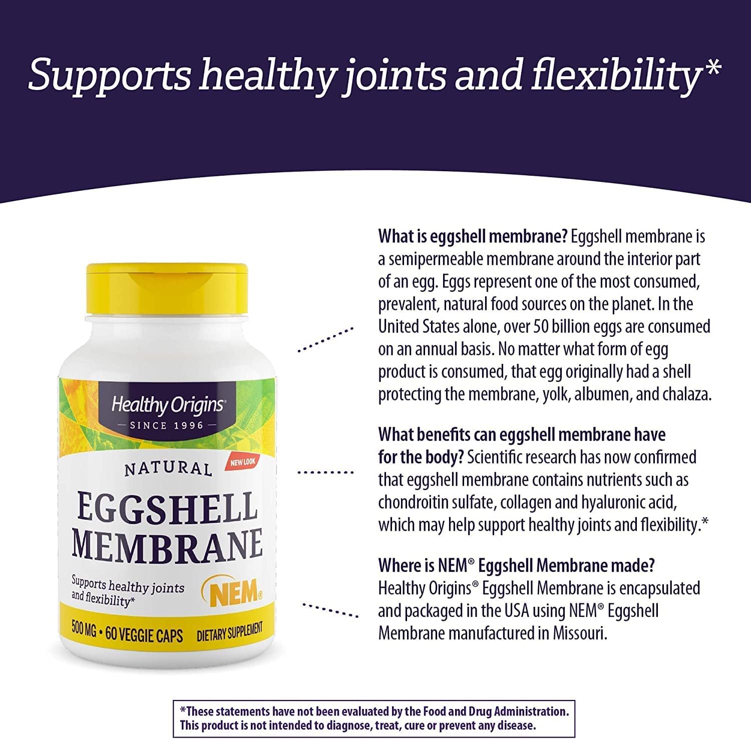 500mg Healthy Origins Eggshell Membrane (NEM) - Natural Collagen & Joint Support - Gluten-Free Veggie Capsules (60 Count)