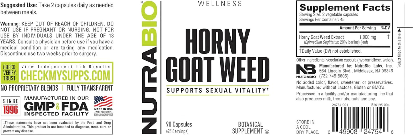 500mg Horny Goat Weed Extract Supplement for Energy & Vitality - 90 Capsules for Men & Women by NutraBio