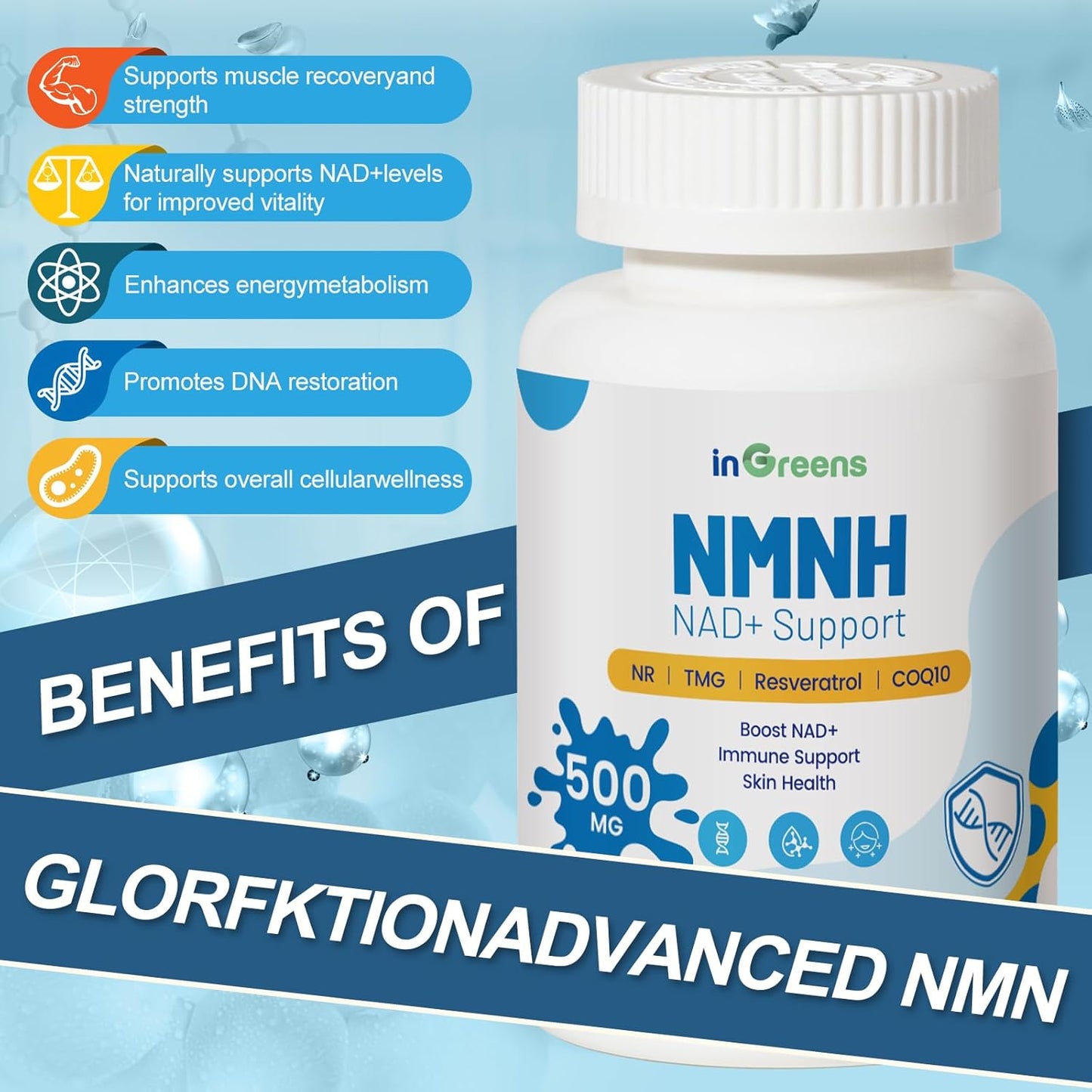 500mg inGreens NMNH NMN Supplement with NR, TMG, Resveratrol, COQ10 - Anti Aging Energy Boost - 60 Capsules