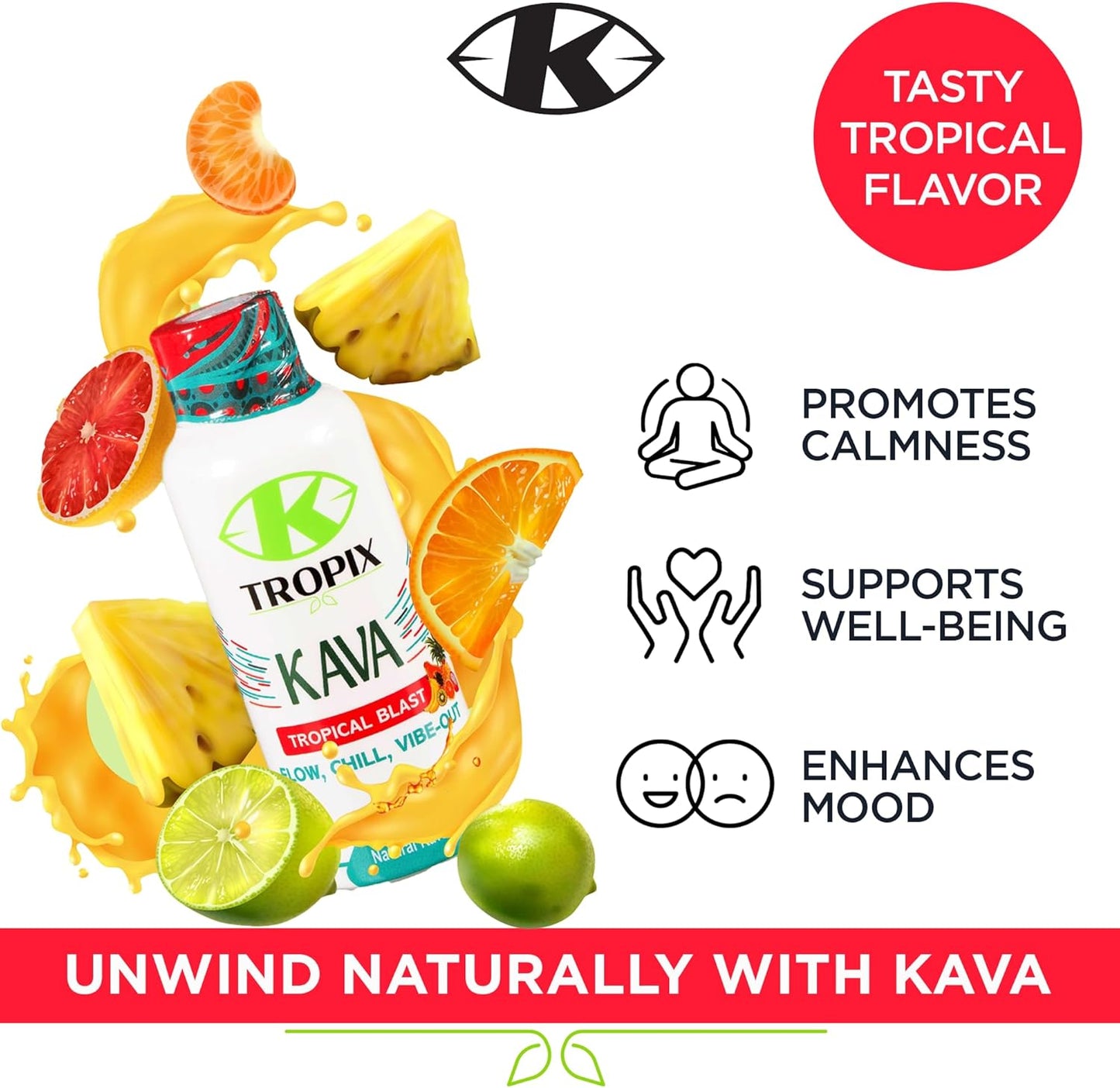 500mg K-Tropix Kava Shot Tropical Blast - Relaxation & Stress Relief Drink - Worry & Tension Supplement - 1 Pack