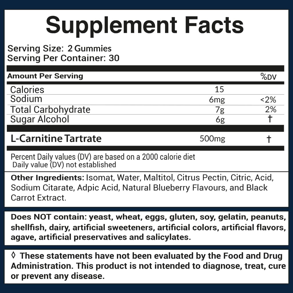 500mg L-Carnitine Gummies for Pre Workout | Blueberry Flavored | Non-GMO, Vegan, Gluten-Free | Men and Women | 60 Count