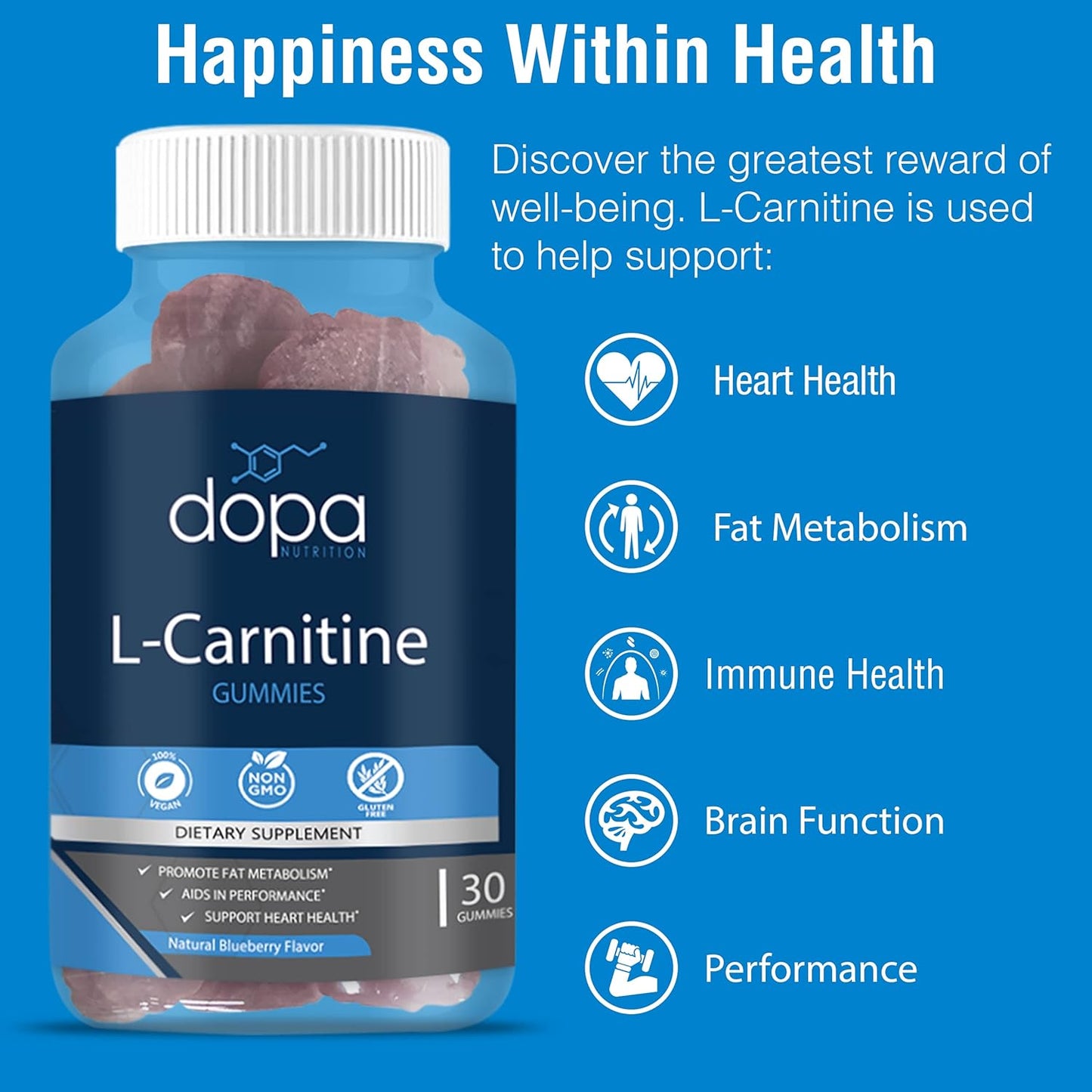 500mg L-Carnitine Gummies for Pre Workout | Blueberry Flavored | Non-GMO, Vegan, Gluten-Free | Men and Women | 60 Count