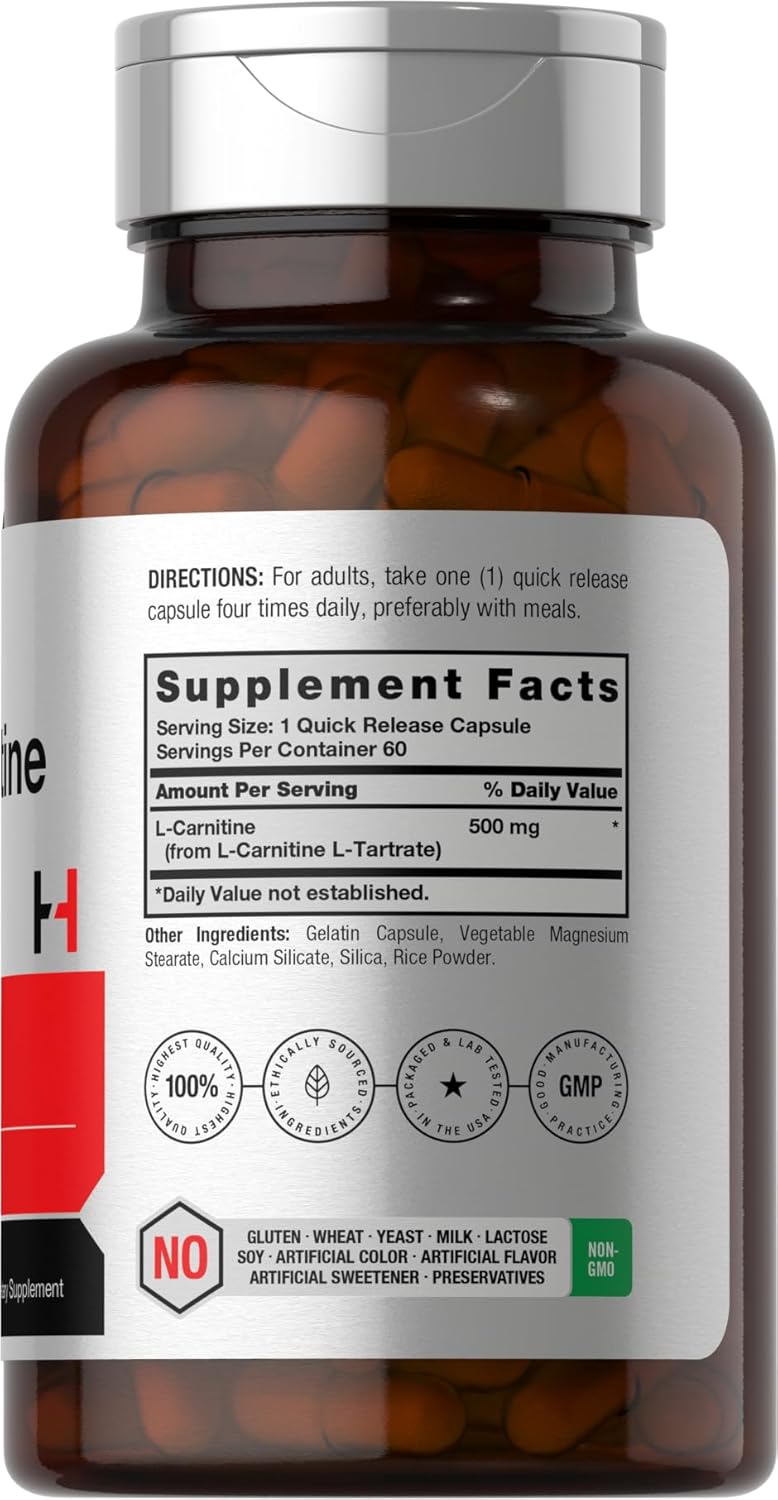 500mg L-Carnitine L-Tartrate Supplement | 60 Capsules | Non-GMO & Gluten Free by Horbäach