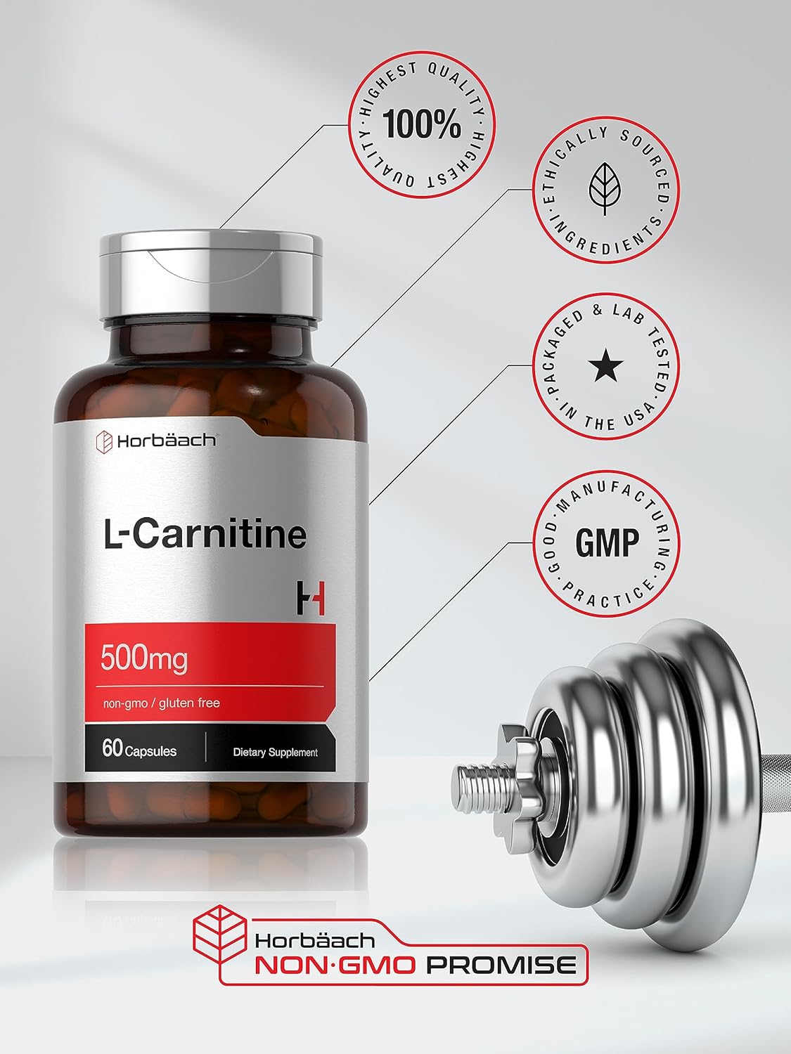 500mg L-Carnitine L-Tartrate Supplement | 60 Capsules | Non-GMO & Gluten Free by Horbäach
