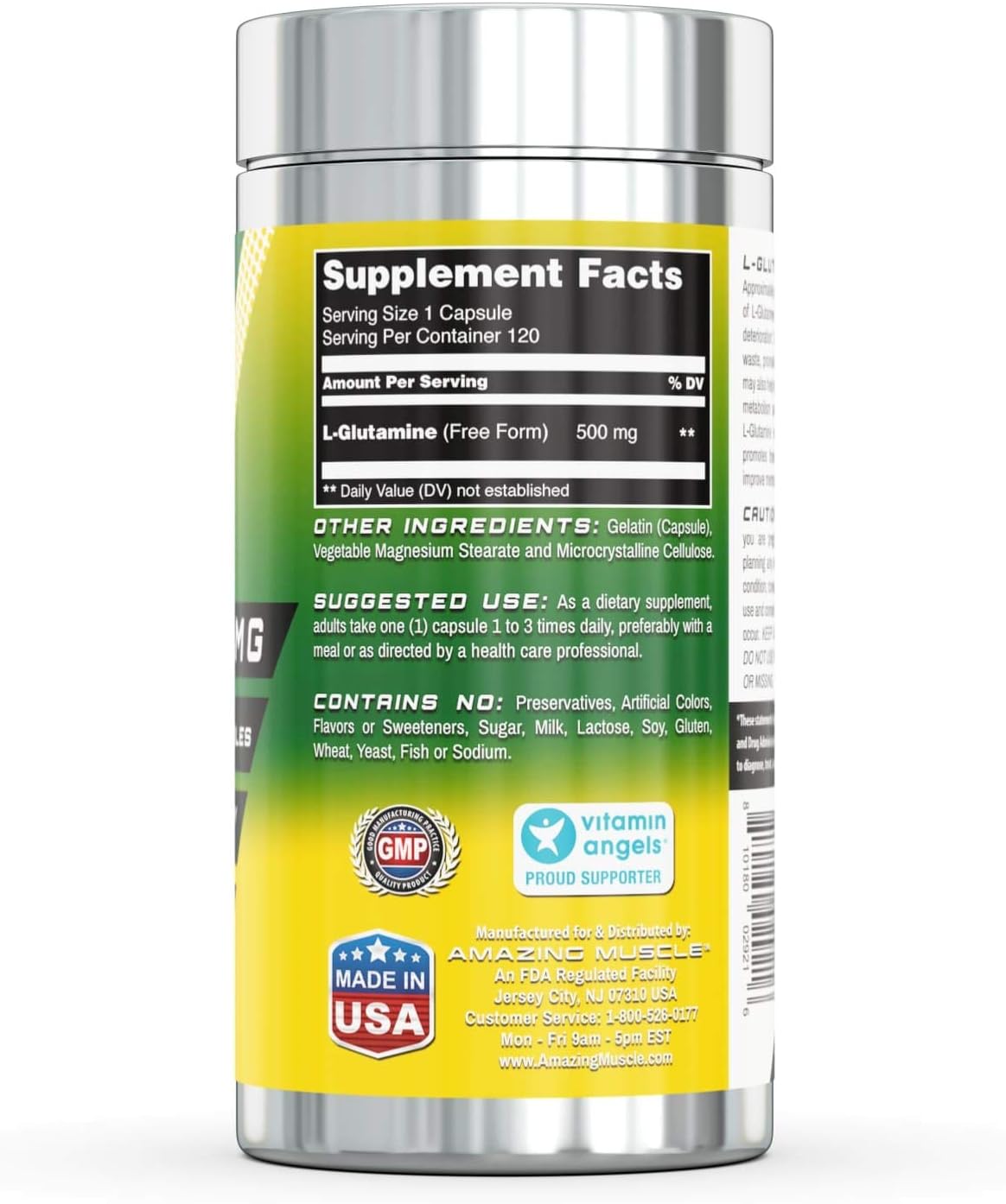 500mg L-Glutamine Supplement - 120 Capsules - Support Muscle Recovery, Immune System & Maintenance