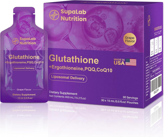 500mg Liposomal Glutathione Supplement with PQQ, CoQ10 & Vitamin C - Grape Flavor, 30 Pack - Ideal for Men & Women