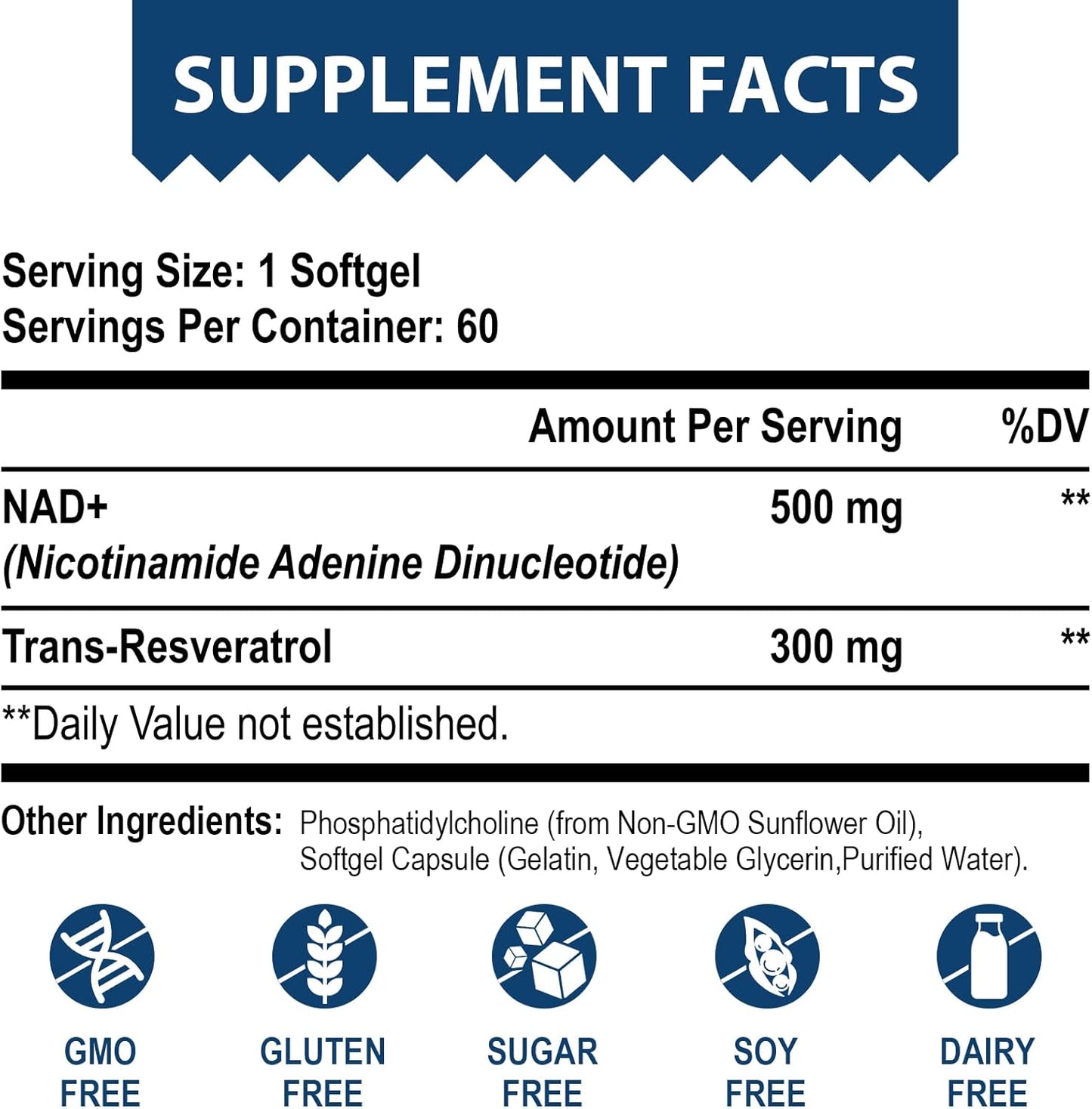 500mg Liposomal NAD+ with 300mg Trans-Resveratrol for Cellular Energy & DNA Repair - 120 Softgels