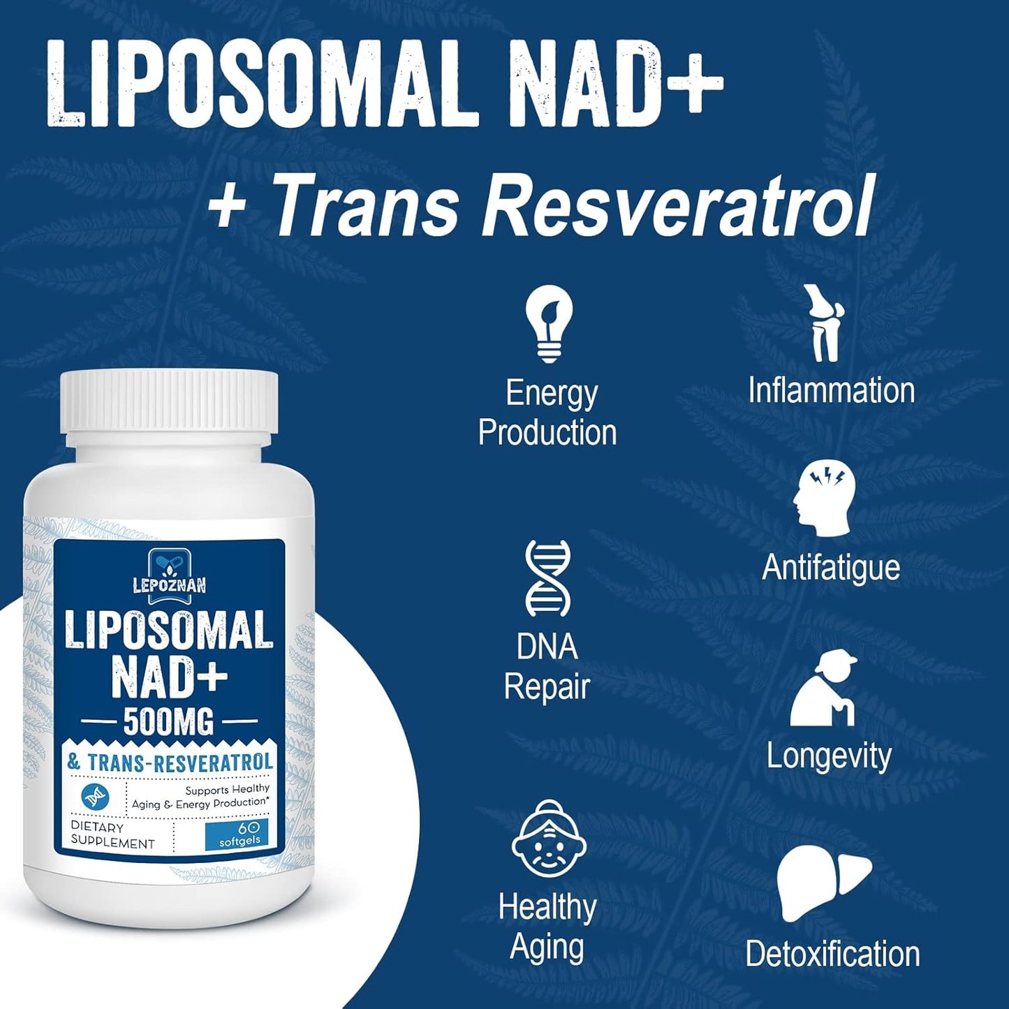 500mg Liposomal NAD+ with 300mg Trans-Resveratrol for Cellular Energy & DNA Repair - 120 Softgels