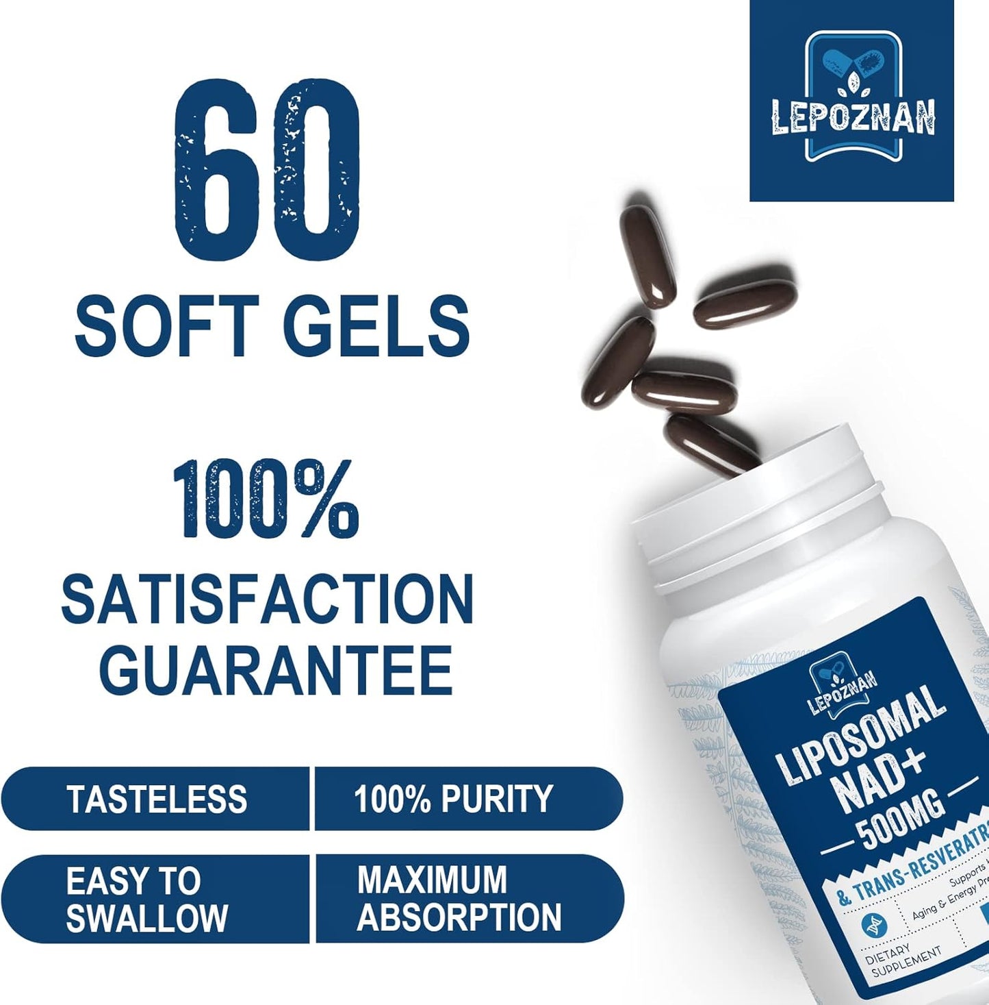500mg Liposomal NAD+ with 300mg Trans-Resveratrol for Cellular Energy & DNA Repair - 120 Softgels