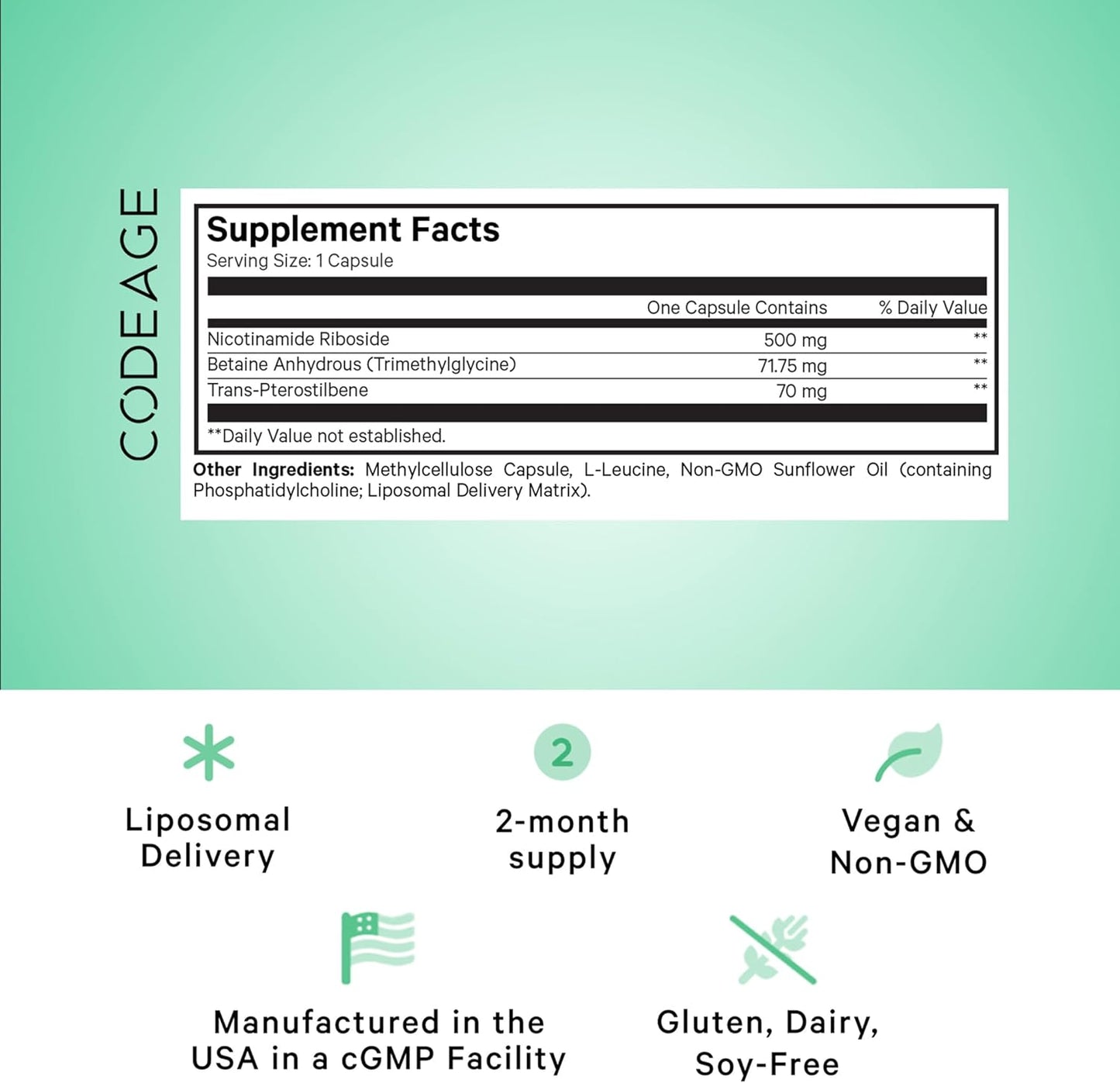 500mg Liposomal Nicotinamide Riboside+ Supplement with Betaine & Trans-Pterostilbene - 2-Month Supply - Non-GMO - 60 Capsules