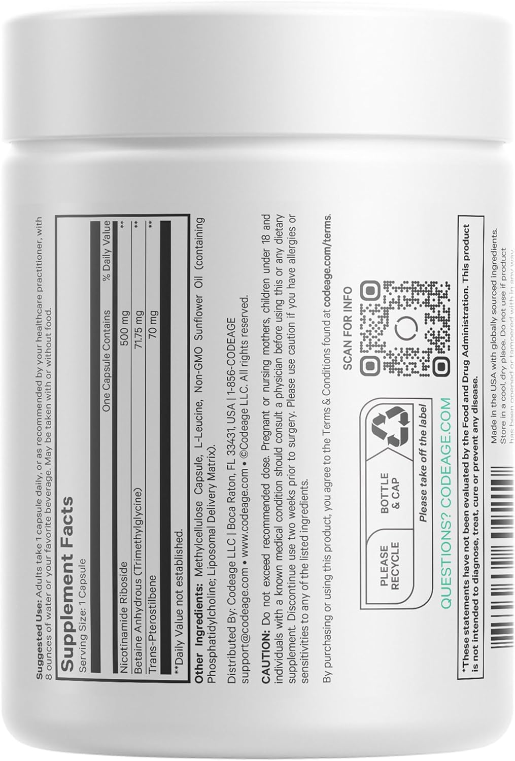 500mg Liposomal Nicotinamide Riboside+ Supplement with Betaine & Trans-Pterostilbene - 2-Month Supply - Non-GMO - 60 Capsules